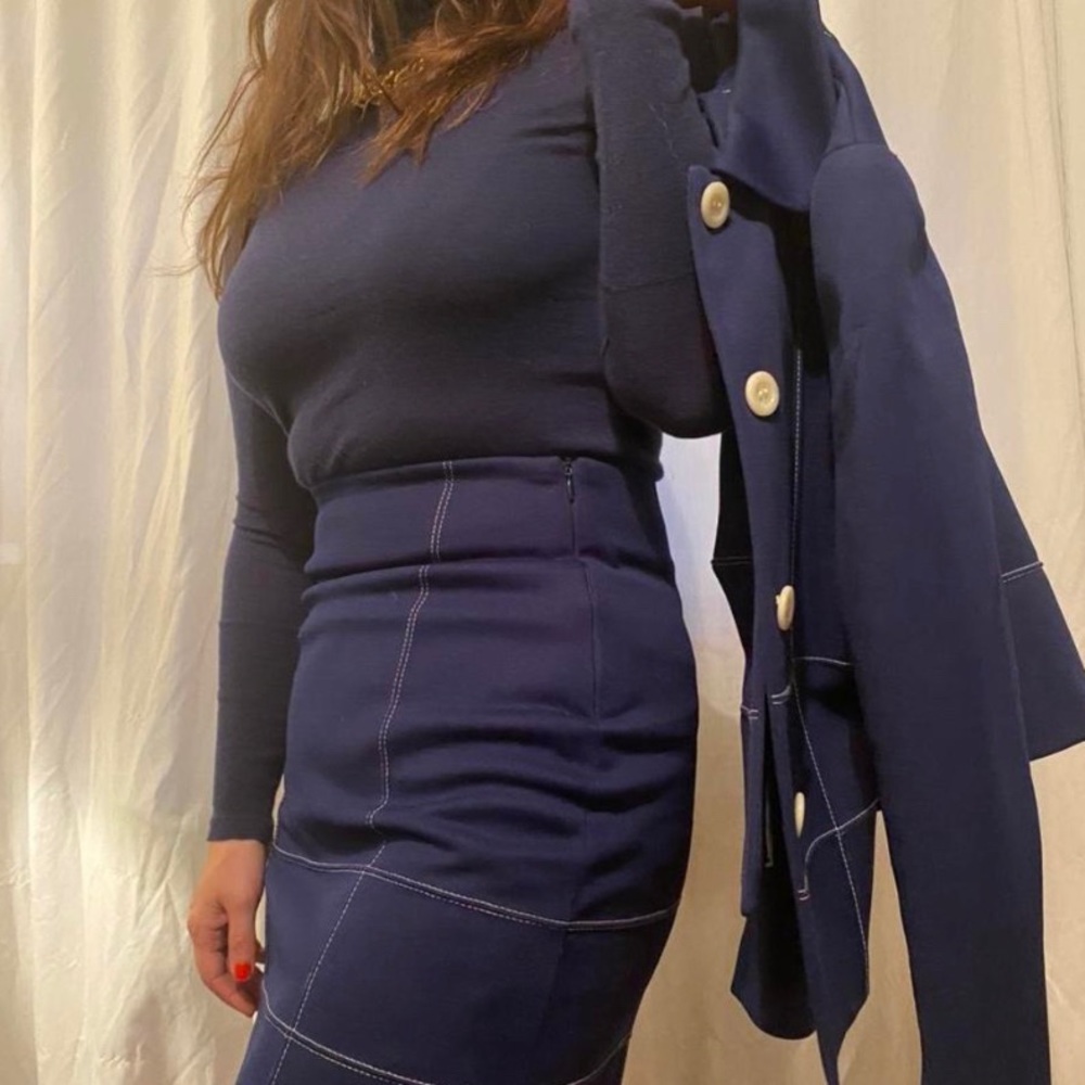 Dolce & Gabbana navy skirt suit with white contrast stitching